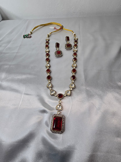Moissanite Red & Clear Moissanite on Pure brass with a Black Rhodium victorian finish long Mala & Earing set. Hand made only two ever made, collectors piece. Premium kundan jewellery