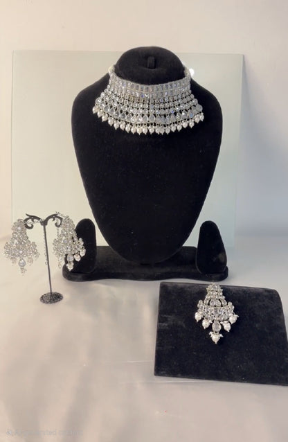 Tikka, Necklace, Earrings set. Silver Clear AD Reverse & white pearl.