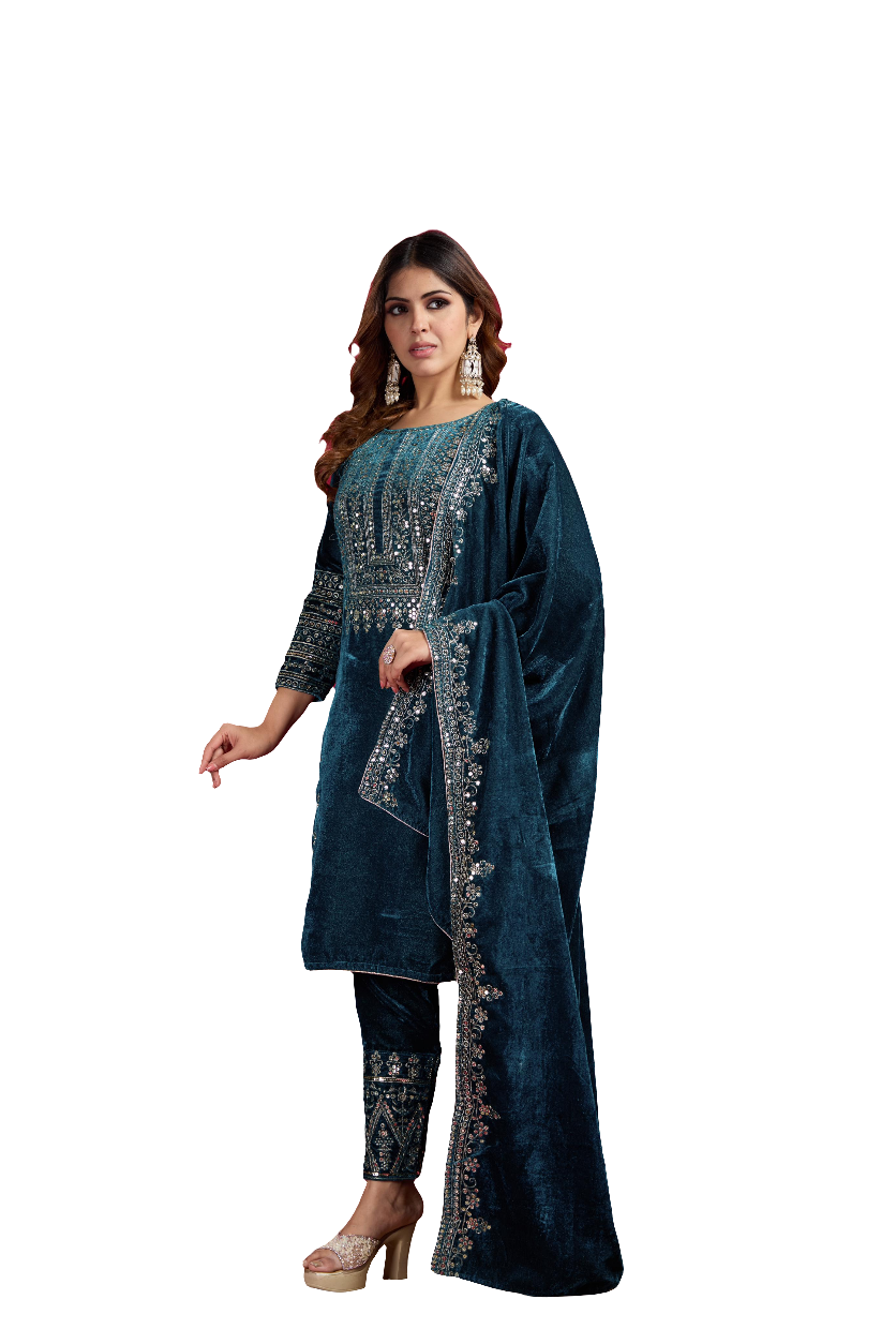 Kameez Bottoms Duppatta Ready Made Velvet Suit. Party Wear