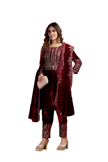 Kameez Bottoms Duppatta Ready Made Velvet Suit. Party Wear