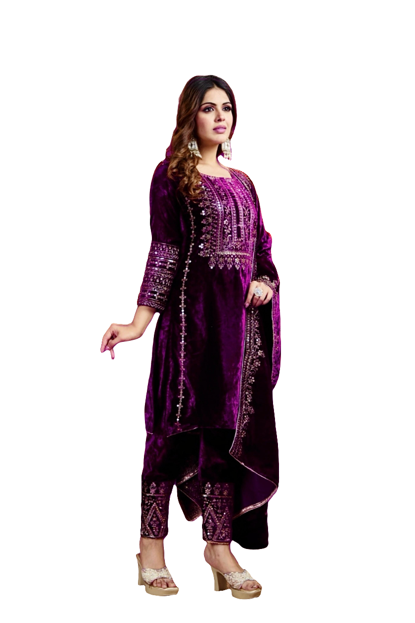 Kameez Bottoms Duppatta Ready Made Velvet Suit. Party Wear