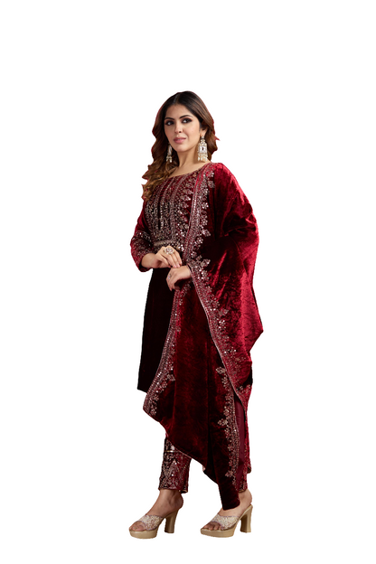 Kameez Bottoms Duppatta Ready Made Velvet Suit. Party Wear