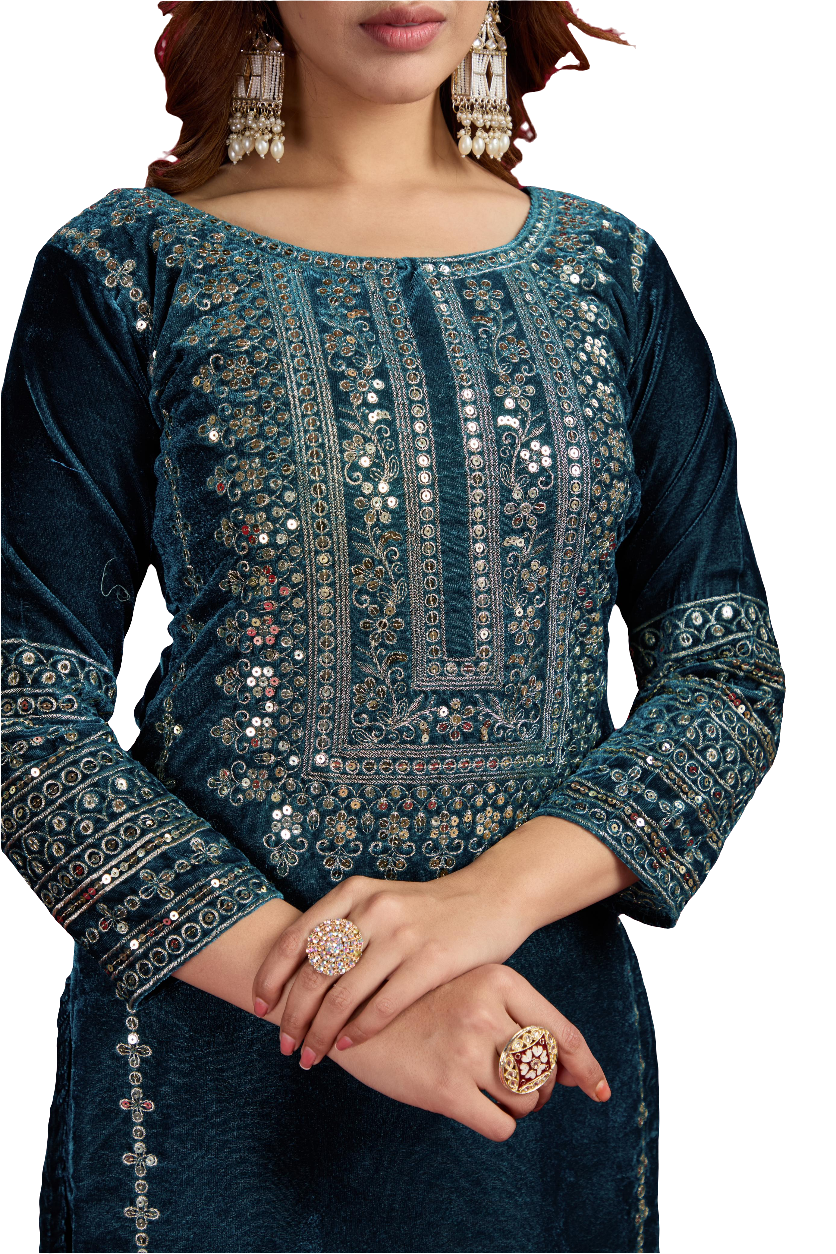 Kameez Bottoms Duppatta Ready Made Velvet Suit. Party Wear