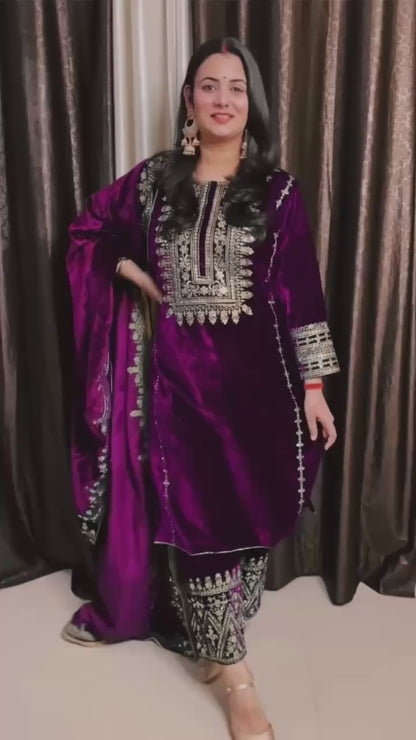 Kameez Bottoms Duppatta Ready Made Velvet Suit. Party Wear