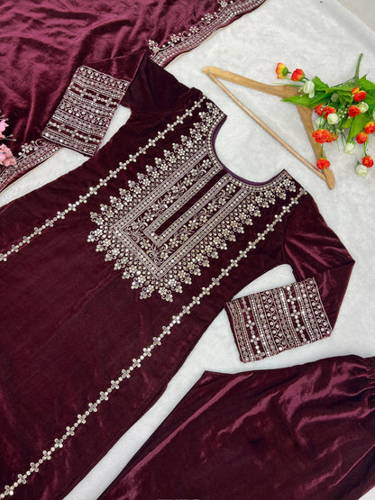 Kameez Bottoms Duppatta Ready Made Velvet Suit. Party Wear