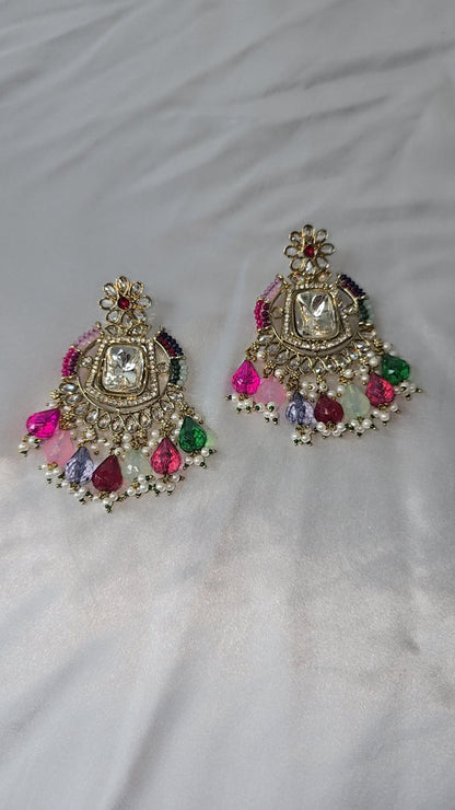 Earrings Mehndi Gold with a combination of reverse AD & front facing AD. Kundan jewellery.