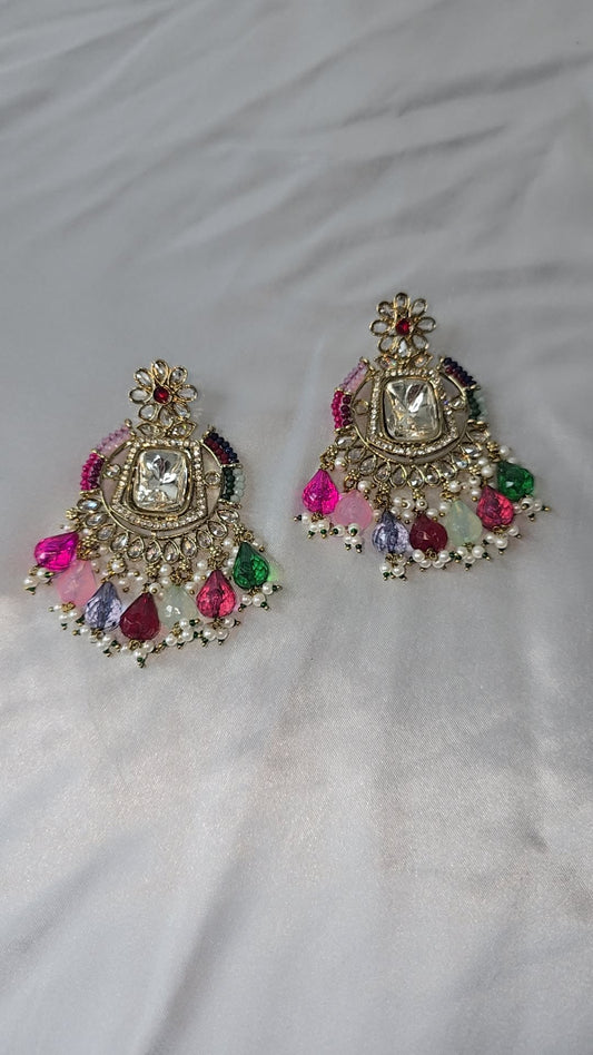 Earrings Mehndi Gold with a combination of reverse AD & front facing AD. Kundan jewellery.
