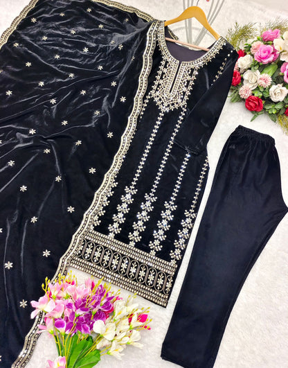 Velvet Kameez Bottoms Duppatta Party Wear Ready Made Suit