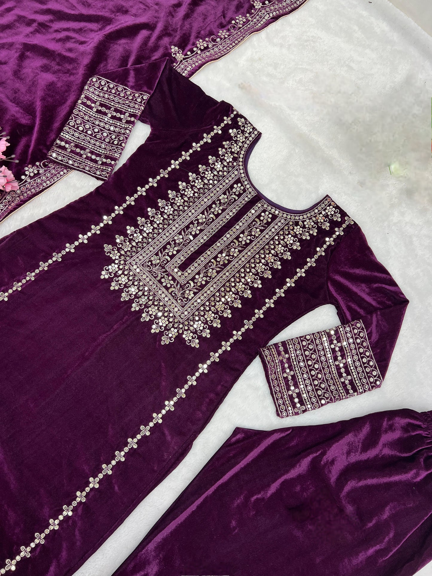 Kameez Bottoms Duppatta Ready Made Velvet Suit. Party Wear