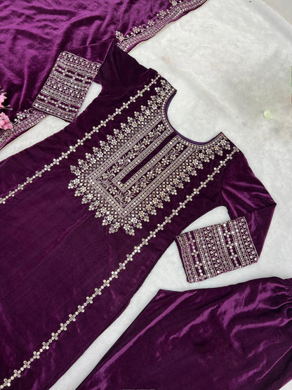 Kameez Bottoms Duppatta Ready Made Velvet Suit. Party Wear