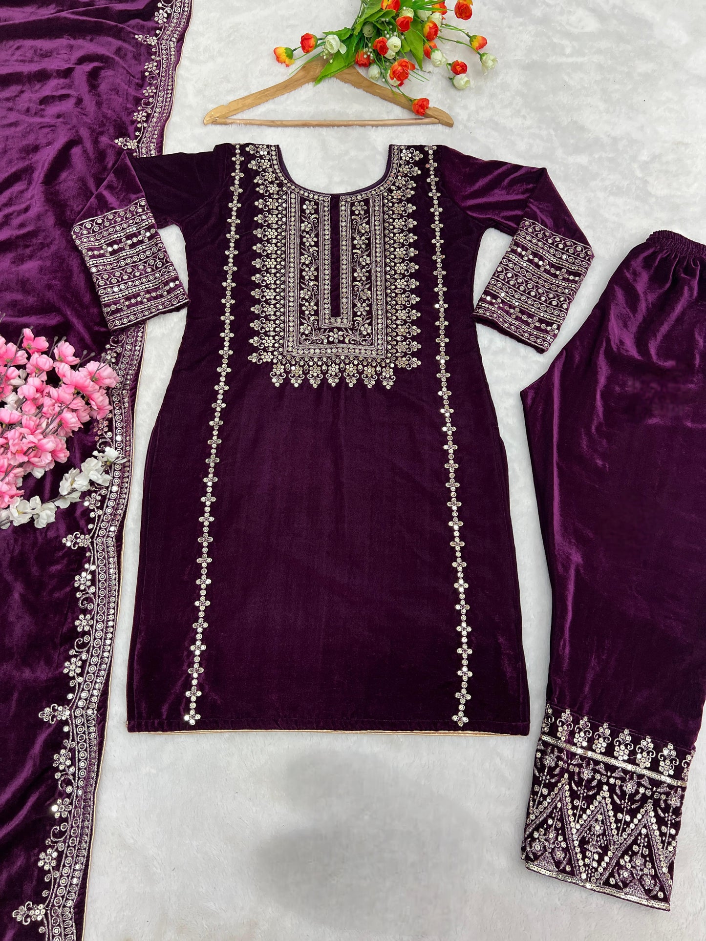 Kameez Bottoms Duppatta Ready Made Velvet Suit. Party Wear