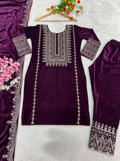 Kameez Bottoms Duppatta Ready Made Velvet Suit. Party Wear