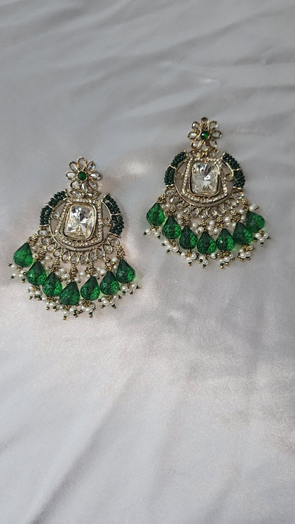Earrings Mehndi Gold with a combination of reverse AD & front facing AD. Kundan jewellery.