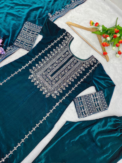 Kameez Bottoms Duppatta Ready Made Velvet Suit. Party Wear