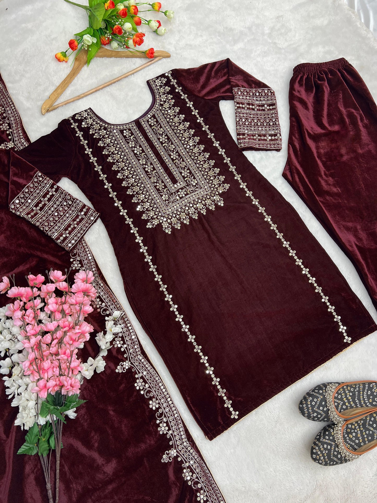 Kameez Bottoms Duppatta Ready Made Velvet Suit. Party Wear