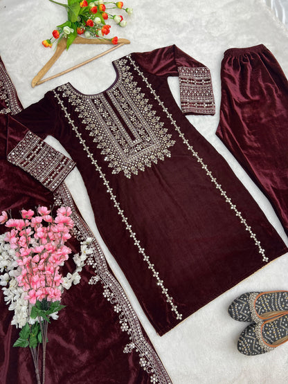 Kameez Bottoms Duppatta Ready Made Velvet Suit. Party Wear
