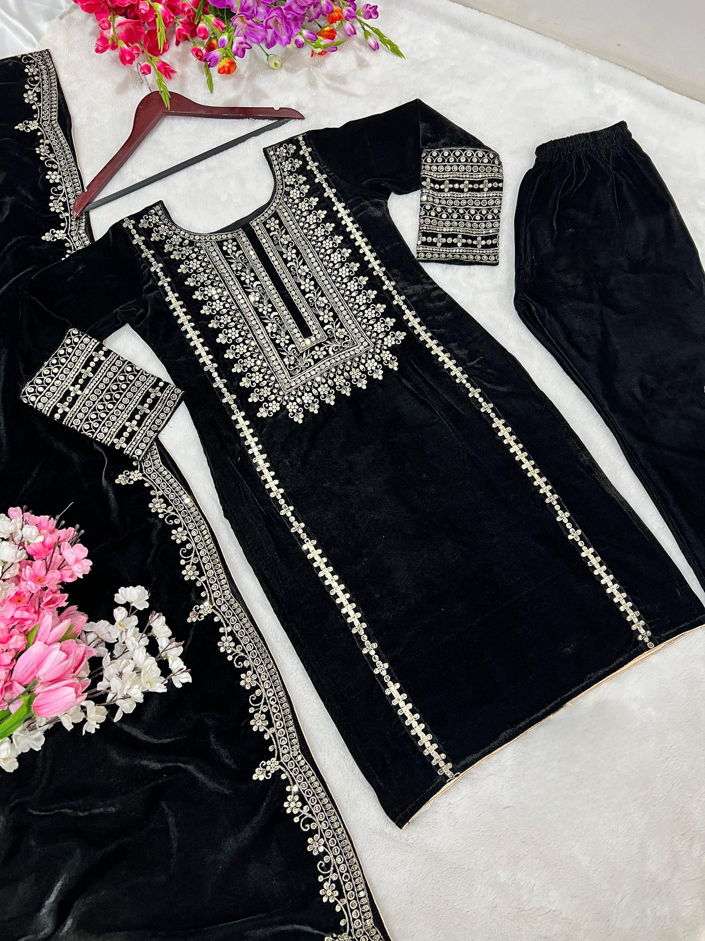 Kameez Bottoms Duppatta Ready Made Velvet Suit. Party Wear