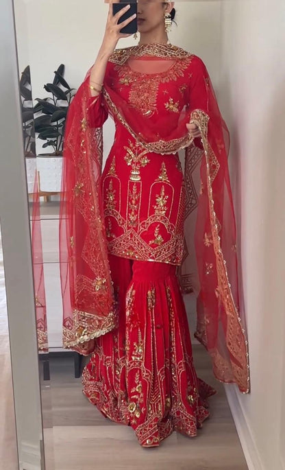 Sharara Palazzo, Kurta & Duppatta. Ruby