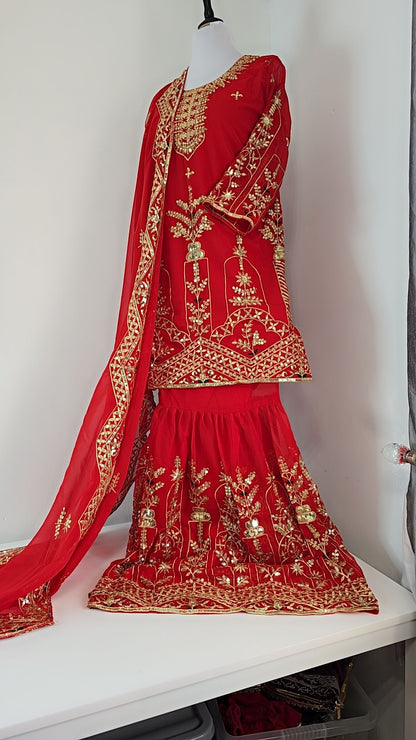 Sharara Palazzo, Kurta & Duppatta. Ruby